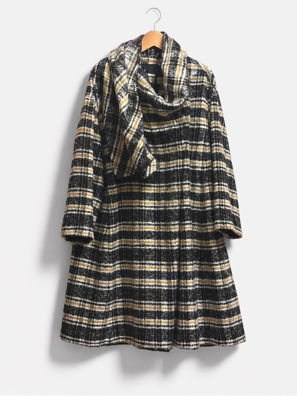Maje Plaid Teddy Coat w/ Attached Scarf Wool Blend Oversized Chic Parisian Style